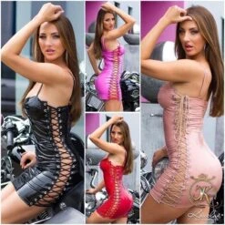 Sexy Vinyl Club Minikleid In Latex-Look Mit Schnürung Pink -Noirmade Geschaft sexy vinyl club minikleid in latex look mit schnuerung pink9