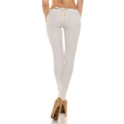 Skinny Damen Treggings Hose In Leder-Look Mit Schnürung Weiß -Noirmade Geschaft skinny damen treggings hose in leder look mit schnuerung weiss3