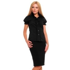 Taillierte Damen Kurzarm Bluse Mit Rüschen Schwarz