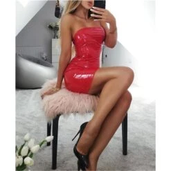 Trägerloses Bodycon Club Minikleid In Latex-Look Vinyl Rot